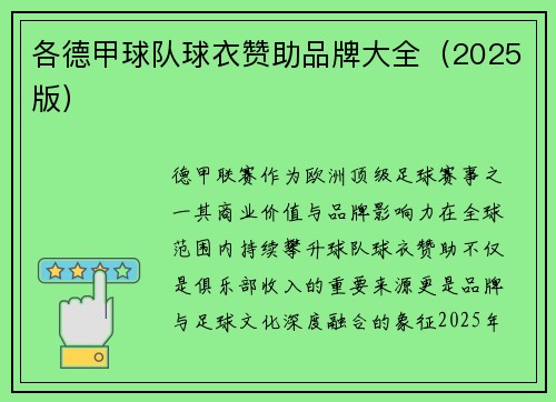 各德甲球队球衣赞助品牌大全（2025版）